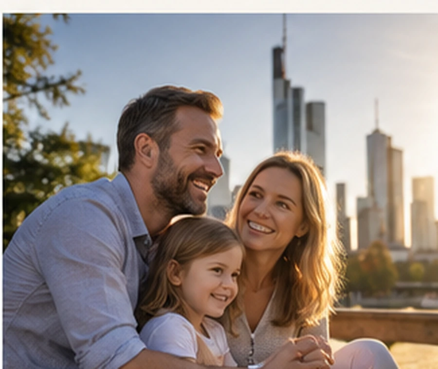 Glückliche Familie mit Frankfurt im Hintergrund